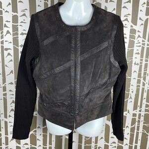 Kenji Brown Suede & Wool Blend Knit Grommet Trim Jacket sz XL